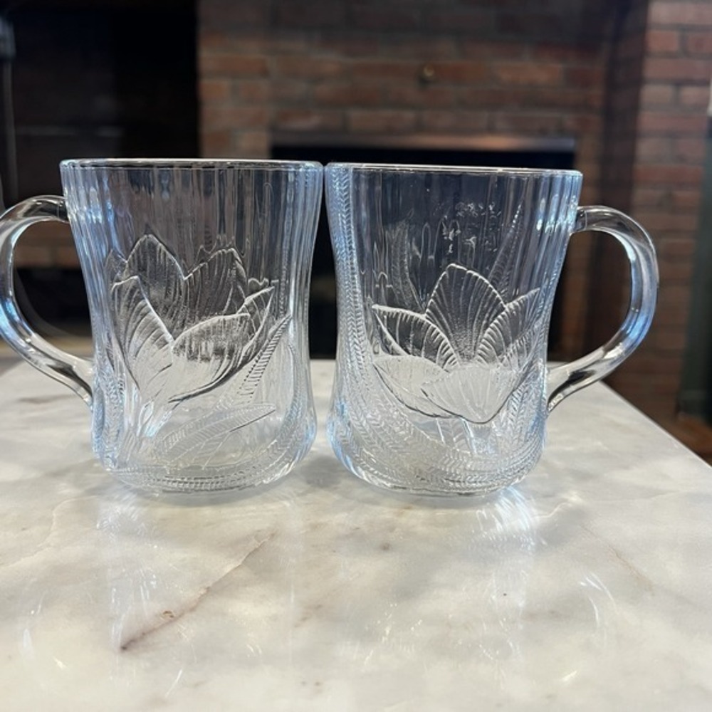 Set Of 2 Vintage Arcoroc From France Canterbury Crocus Glass‎ Coffee Tea  Mugs